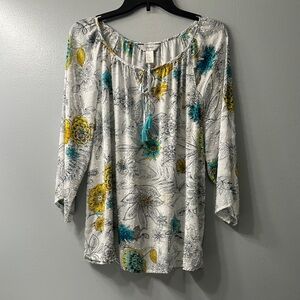 CJ Banks Floral Blouse - White, Yellow, Teal